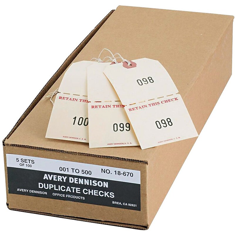 Avery Extra-Large Strung Manila Claim Checks, 1-500, White Twine, 4 3/4" x 2 3/8", 500/Bx image 1