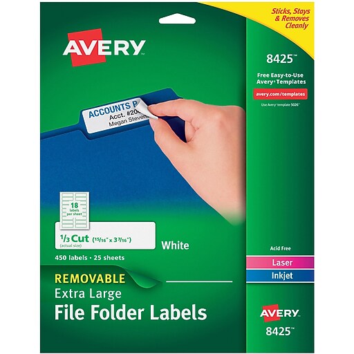 Avery(R) Removable Extra Large File Folder Labels 8425, 1/3 Cut, White, Pack Of 450 Staples