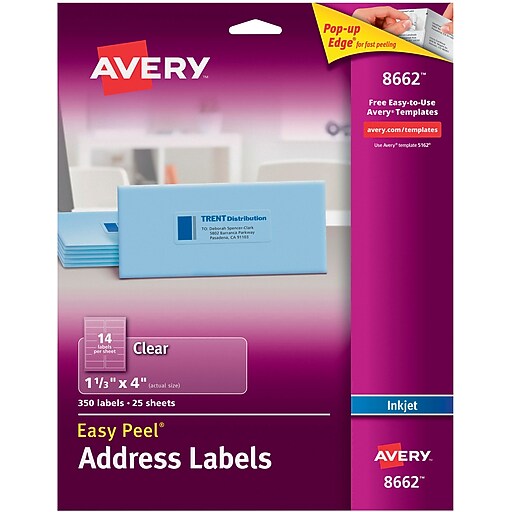 Avery® 8662 Clear Inkjet Address Labels with Easy Peel®, 11/3" X 4