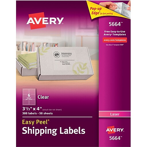 Avery® 5664 Clear Laser Shipping Labels with Easy Peel®, 31/3" X 4