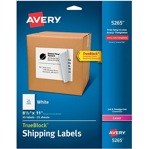 Avery® 5265 White Laser Full Sheet Labels, with TrueBlock™, 81/2" x 11