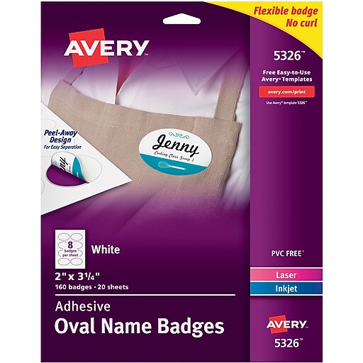 Avery(R) White Adhesive Name Tags 5326, Oval, 2" x 31/3", Pack of 160