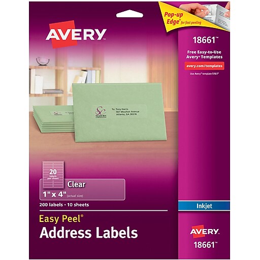 Avery® 18661 Clear Inkjet Address Labels with Easy Peel®, 1" x 4", 200