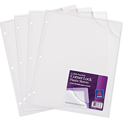Corner Lock 3hole Punched Plastic Sleeve, Clear, 4pack Staples