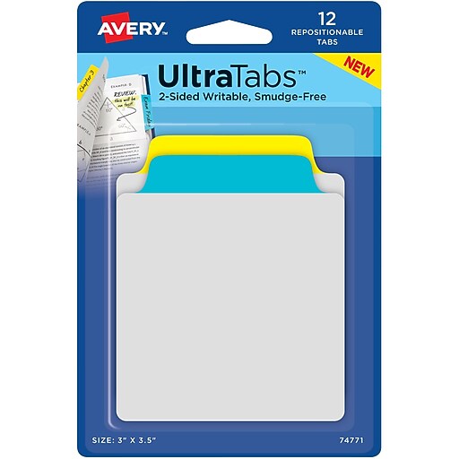 Avery® Tab & Note Ultra Tabs™, Primary (Yellow, Blue), 3" x 31/2", Pack of 12 Repositionable