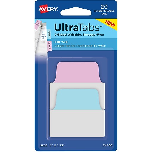 Avery® Big Tab Ultra Tabs™, Pastels (Blue, Pink), 2" x 13/4", Pack of