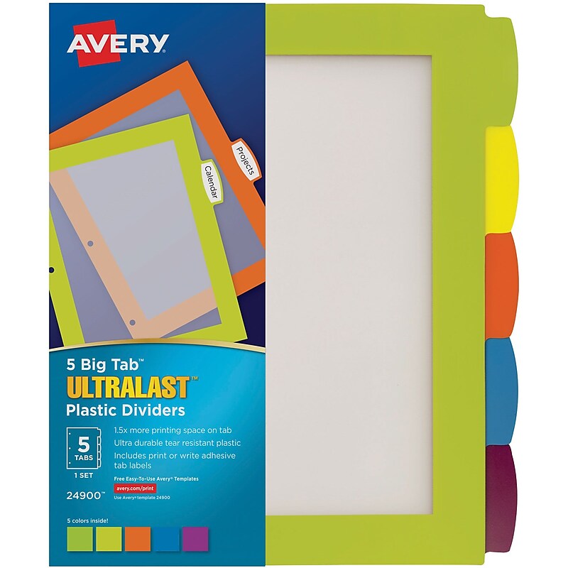 Avery Big Tab Ultralast Plastic Dividers with White Tab Labels, 5 Tabs, Multicolor (24900) image 1