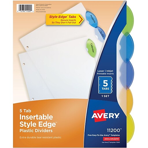 Avery® Style Edge™ Insertable Plastic Dividers, 5Tab Staples