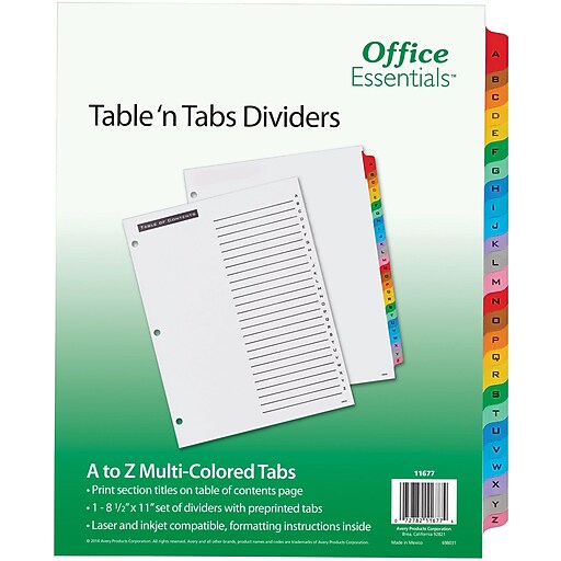 Avery Office Essentials Table 'n Tabs A Z Tab Paper Dividers, 26 Tabs, Multicolor (11677