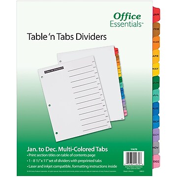 Avery Office Essentials Table 'n Tabs Monthly Tab Paper Dividers, 12 Tabs, Multicolor (11679)