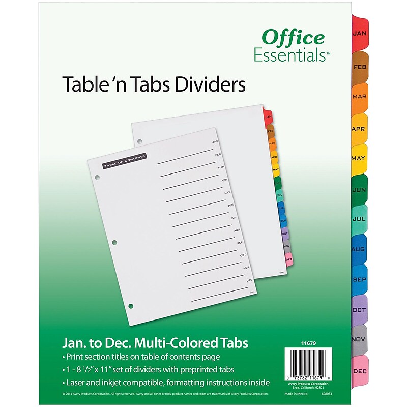 Avery Office Essentials Table 'n Tabs Pre-Printed Monthly Paper Divider, Jan-Dec Tabs, Multicolor, 1 Set (AVE11679) image 1