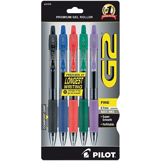 Pilot G2 Retractable Gel Pens, Fine Point, Assorted Ink, 5