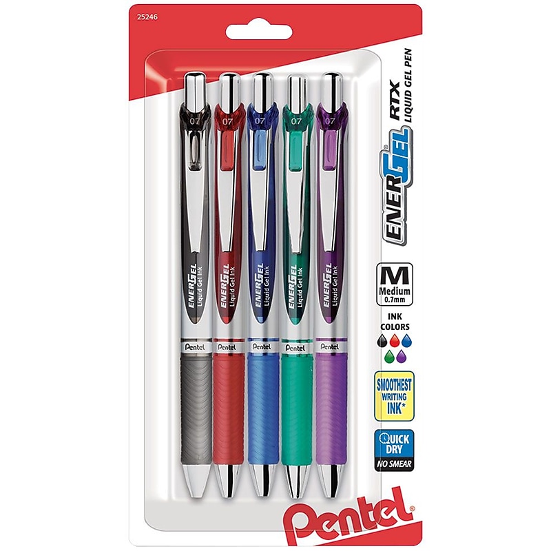 Pentel EnerGel RTX Gel Pen, Medium Point, Assorted Ink, 5 Pack (BL77BP5M) image 1