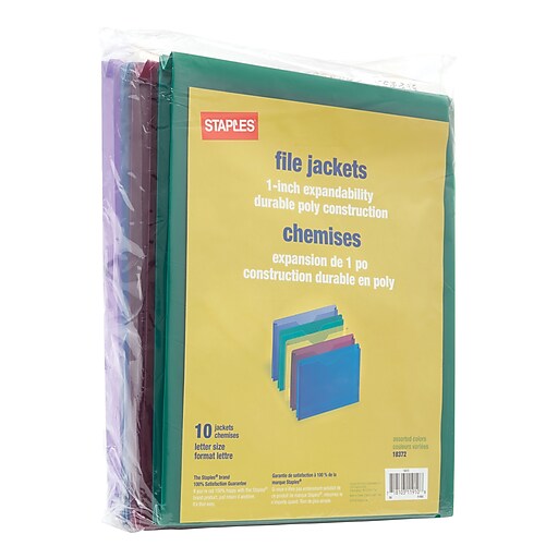 Staples® Plastic File Jacket, Letter, Assorted, 10/Pack Staples