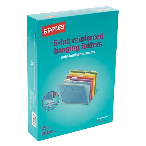 Staples® Colored Reinforced Hanging File Folders, 5Tab, Letter