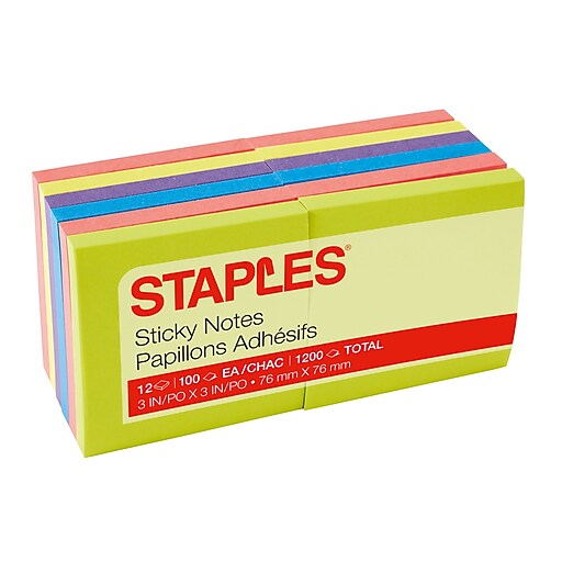 Staples Sticky Notes, 3" x 3" Assorted, 100 Sheets/Pad, 12 Pads/Pack (S