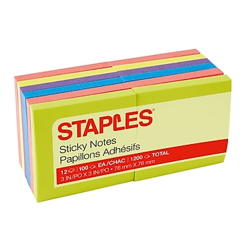 Staples Sticky Notes, 3" x 3" Assorted, 100 Sheets/Pad, 12 Pads/Pack (S-33BR12/52567)