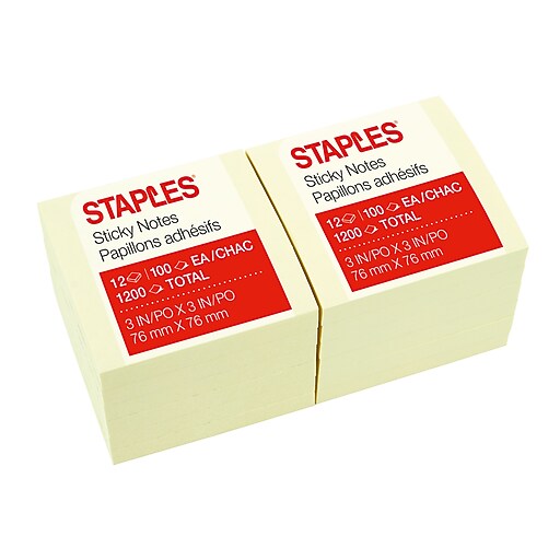 Staples Sticky Notes, 3" x 3", Yellow, 100 Sheets/Pad, 12 Pads/Pack