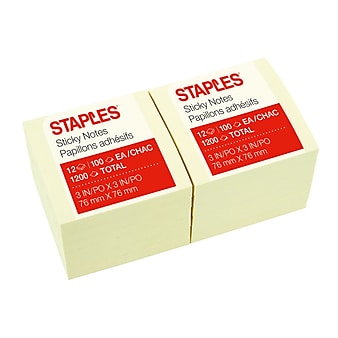 Staples Sticky Notes, 3" x 3", 100 Sheets/Pad, 12 Pads/Pack (S33YR12/52564)