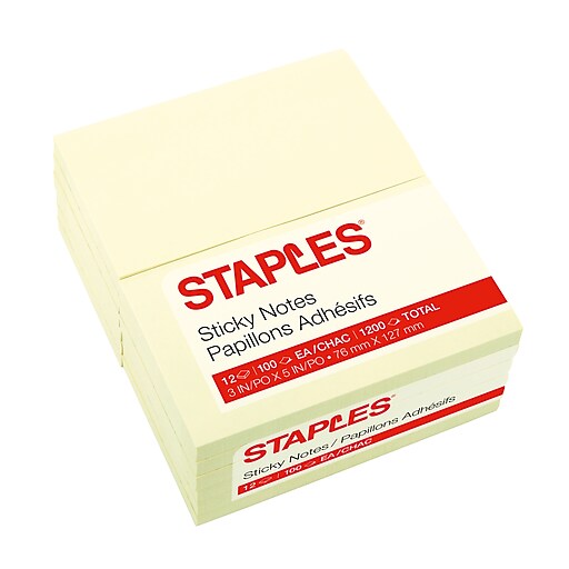 Staples® Stickies™ Recycled Notes, 3" x 5", Yellow, 12 Pads/Pack (S