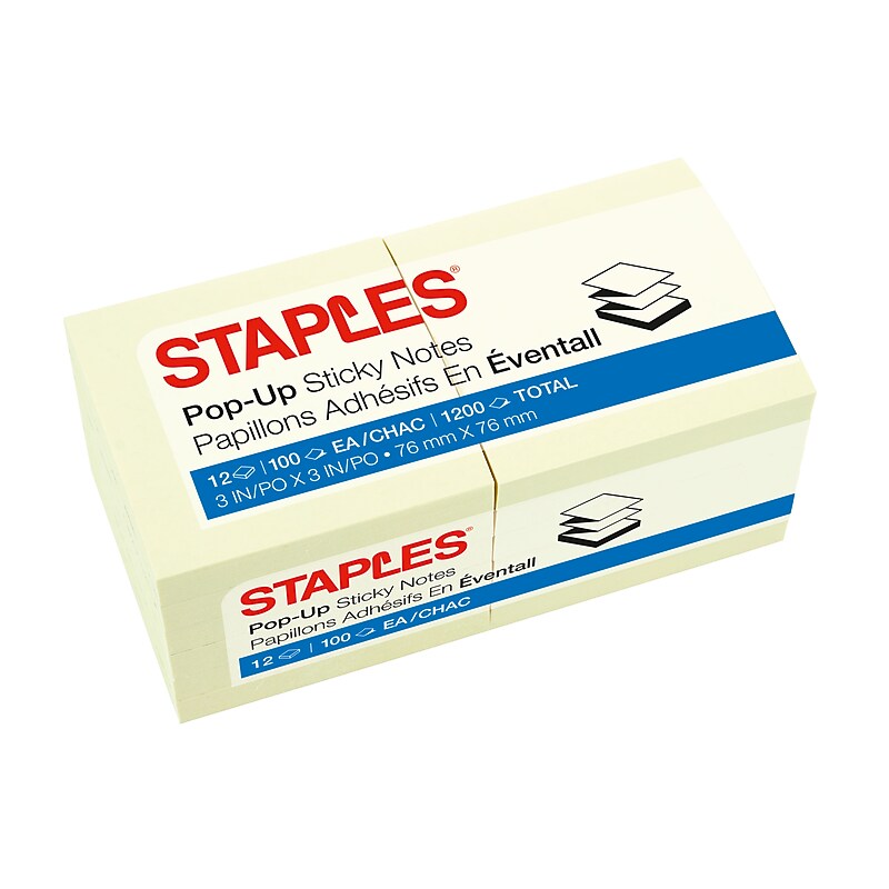 Staples Stickies Pop-up Notes, 3" x 3", Yellow, 100 Sheet/Pad, 216 Pads/Carton (17764CT) image 1