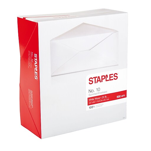 Staples Gummed 10 Envelope, 41/8" x 91/2", White, 500/Box (187013NB