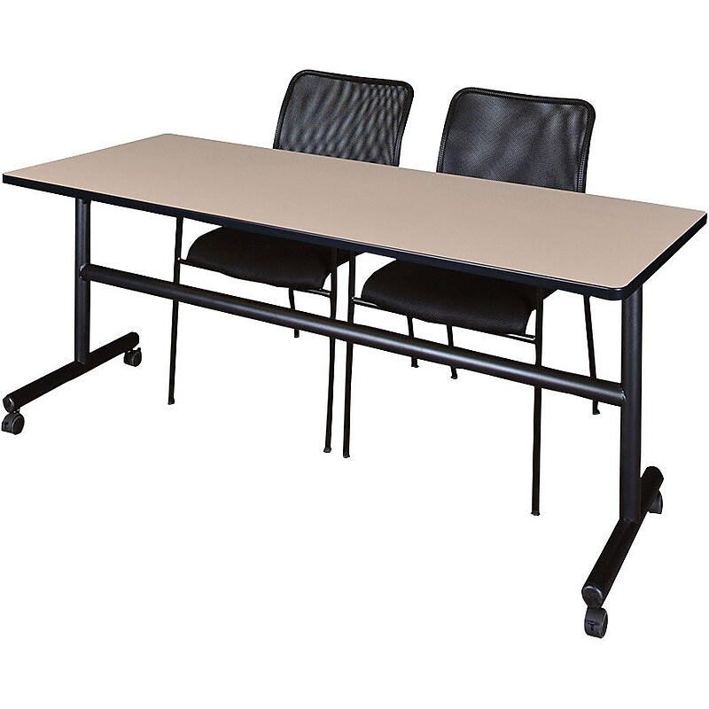 Regency Seating Kobe 72" Flip Top Mobile Training Table- Beige & 2 Mario Stack Chairs- Black image 1