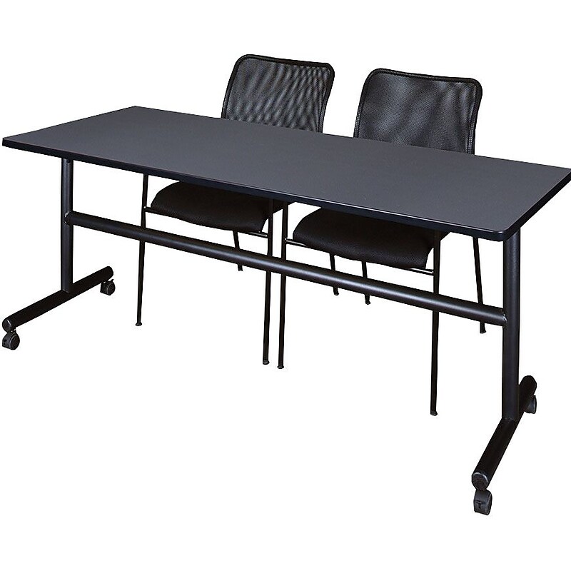 Regency Seating Kobe 72" Flip Top Mobile Training Table- Grey & 2 Mario Stack Chairs- Black image 1