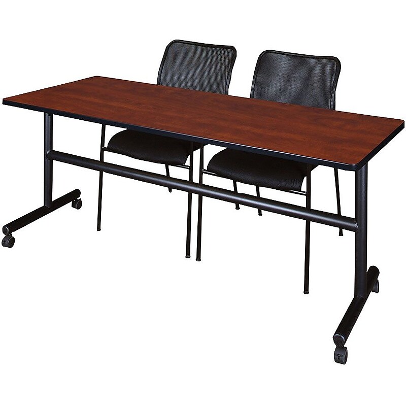 Regency Seating Kobe 72" Flip Top Mobile Training Table- Cherry & 2 Mario Stack Chairs- Black image 1
