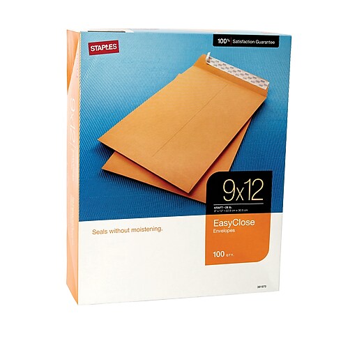 Staples EasyClose Kraft Catalog Envelopes, 9" x 12", Brown, 100/Box (381970/19024) Staples