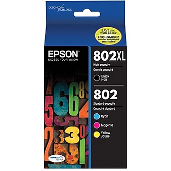 Epson T802XL/T802 Black High Yield and Cyan/Magenta/Yellow Standard Yield Ink Cartridge, 4/Pack (T802XL- BCS)
