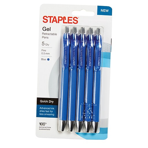 Staples® Quick Dry Gel Pens Fine 0.5mm Blue 5pk [51065] Staples