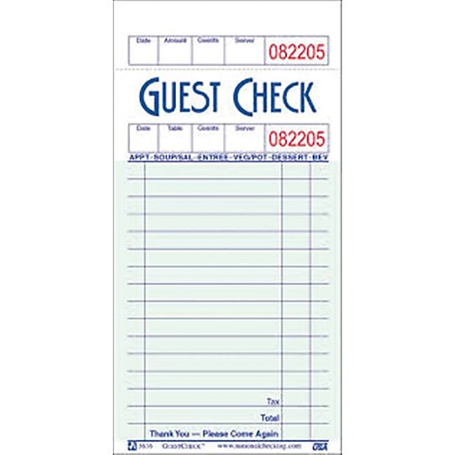 Alliance 1Part Carbonless Guest Checks, 5.04"L x 3.4"W, 100 Sets/Book