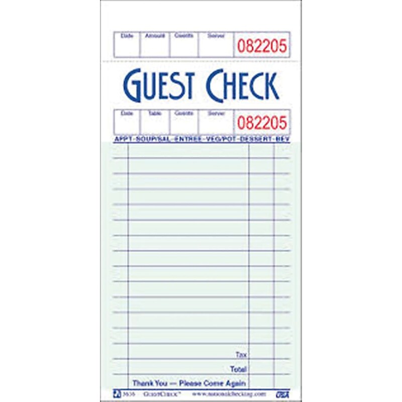 Alliance 1-Part Carbonless Guest Checks, 5.04"L x 3.4"W, 100 Sets/Book (351601) image 1