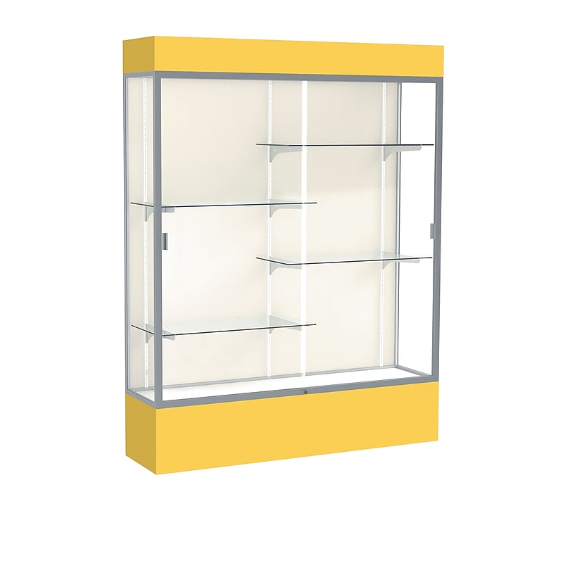 Ghent Spirit 60"W x 80"H x 16"D Lighted Floor Case, Plaque Back, Satin Finish, Goldenrod Base and Top image 1