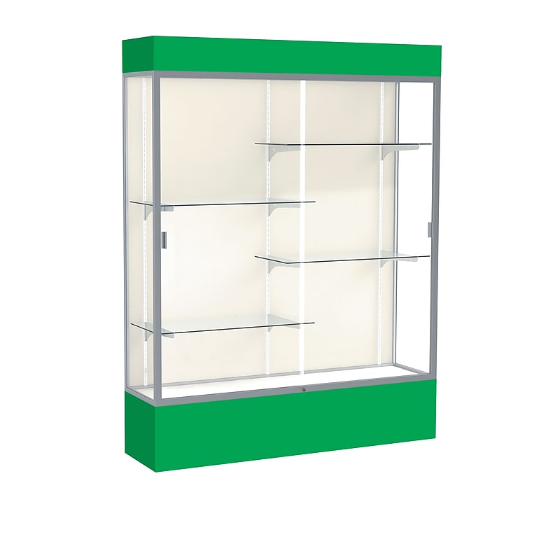 Ghent Spirit 60"W x 80"H x 16"D Lighted Floor Case, Plaque Back, Satin Finish, Kelly Green Base and Top image 1