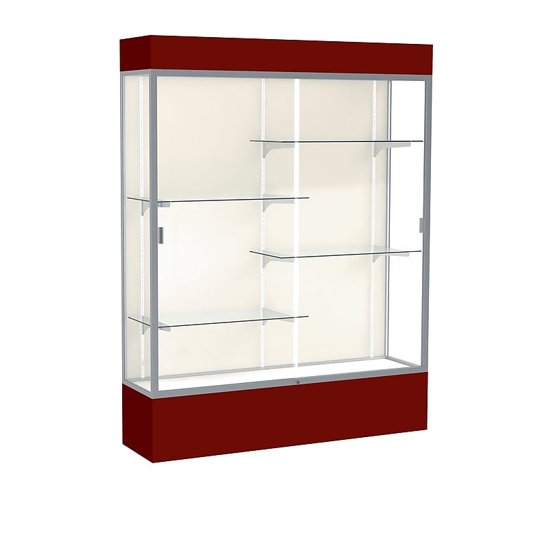 Waddell Spirit 60"W x 80"H x 16"D Lighted Floor Case, Plaque Back, Satin Finish, Maroon Base and Top image 1