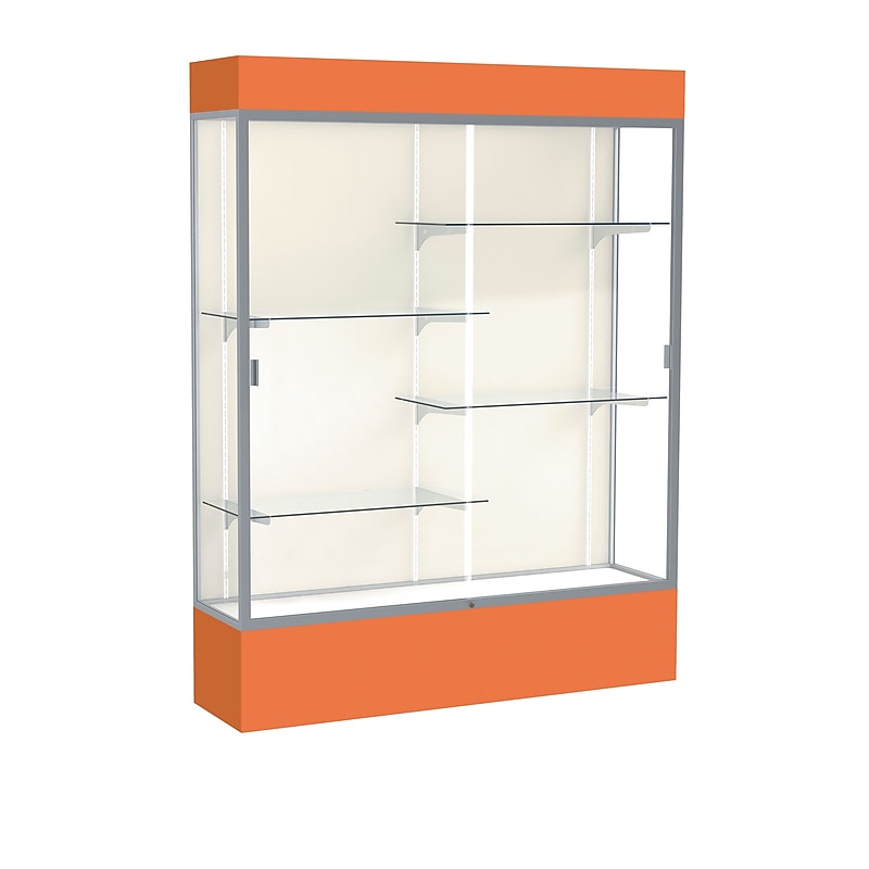 Ghent Spirit 60"W x 80"H x 16"D Lighted Floor Case, Plaque Back, Satin Finish, Orange Base and Top image 1