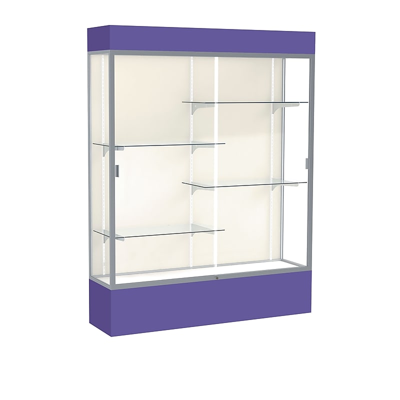 Ghent Spirit 60"W x 80"H x 16"D Lighted Floor Case, Plaque Back, Satin Finish, Purple Base and Top image 1