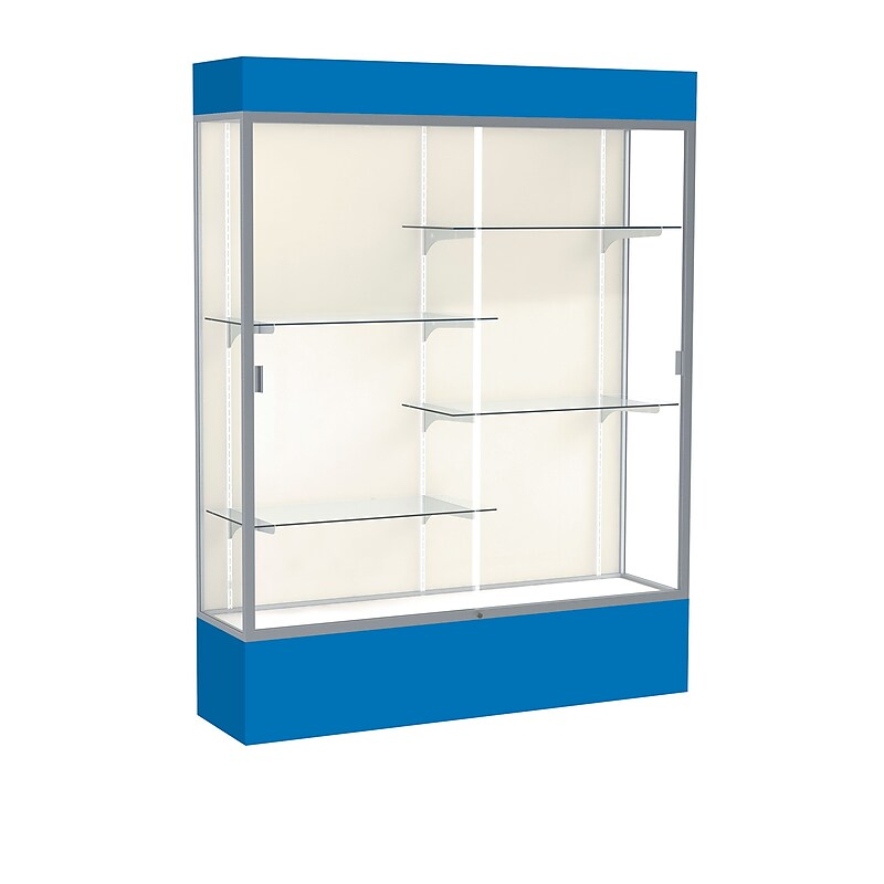 Ghent Spirit 60"W x 80"H x 16"D Lighted Floor Case, Plaque Back, Satin Finish, Royal Blue Base and Top image 1