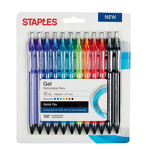 Staples® Quick Dry Gel Pens Medium 0.7mm Asst 12pk [51069] at Staples