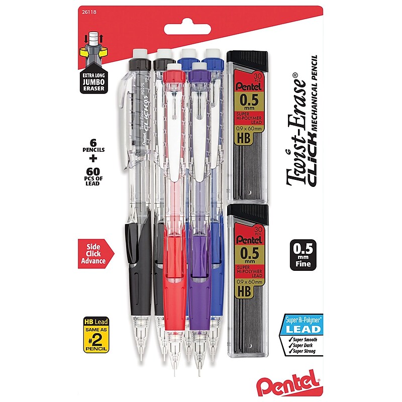 Pentel Twist-Erase Click Mechanical Pencil, 0.5mm, Assorted Colors, 6/Pack (PD275TLBPS6M) image 1