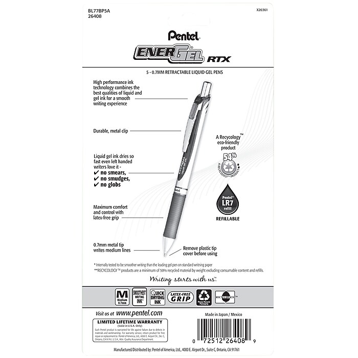 Pentel EnerGel RTX Retractable Gel Pens, Medium Point,