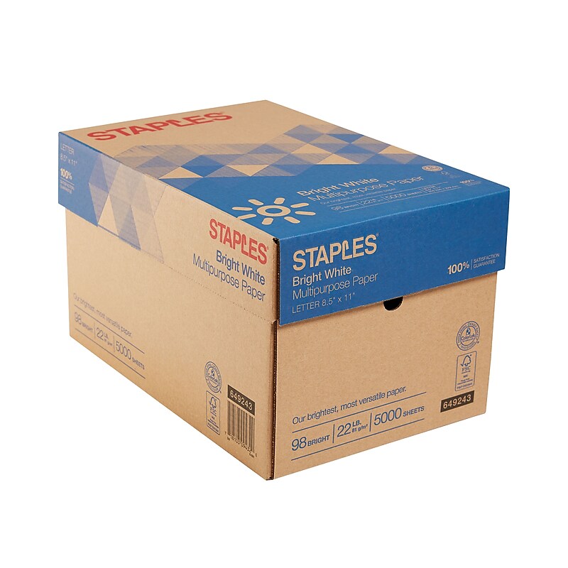 Staples Multipurpose Paper, 8.5" x 11", 22 lbs., Bright White, 500 Sheets/Ream, 10 Reams/Carton (22098) image 1