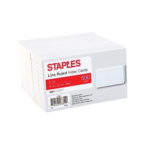 Staples 3" x 5" Line Ruled White Index Cards, 500/Pack (23634/40801