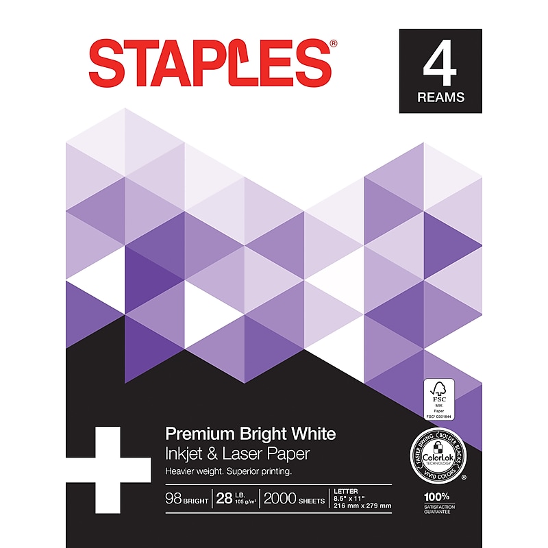 Staples Laser Paper, 8.5" x 11", 28 lbs., Bright White, 500 Sheets/Ream, 4 Reams/Carton (733331) image 1