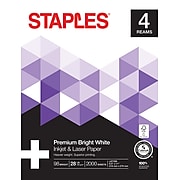 Staples Laser Paper, 8.5" x 11", 28 lbs., Bright White, 500 Sheets/Ream, 4 Reams/Carton (733331)