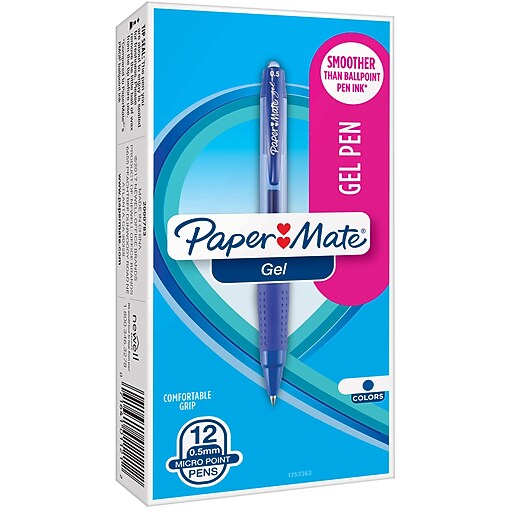 Paper Mate Gel Retractable Pens, Micro Point, Blue Ink, Dozen (1753363