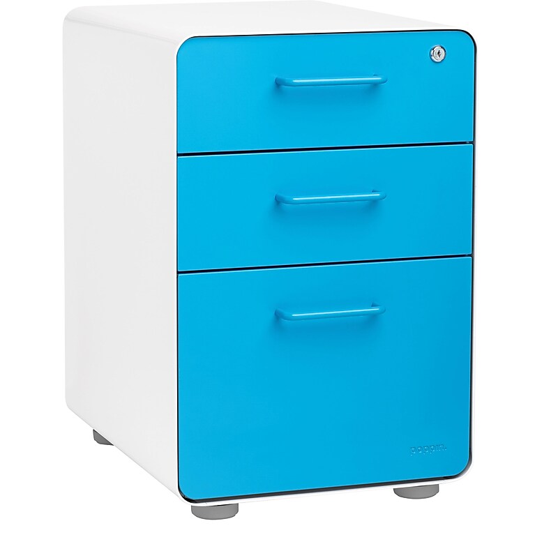 Poppin Stow 3-Drawer Mobile Vertical File Cabinet, Letter/Legal Size, Lockable, 24"H x 15.75"W x 20"D, White and Blue (100429) image 1