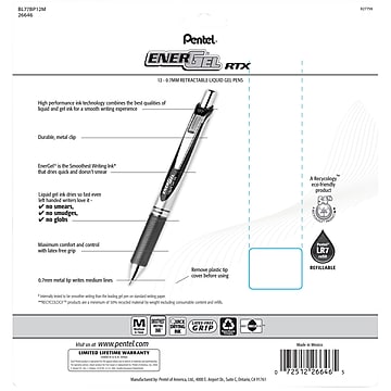 Pentel EnerGel RTX Gel Pens, Medium Point, Assorted Ink, 12/Pack (BL77BP12M)